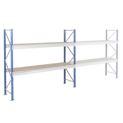 Heavy duty wide span shelving with moulded chipboard shelf panels, frame colour blue, HxWxD 1996 x 2410 x 600 mm, standard shelf unit.