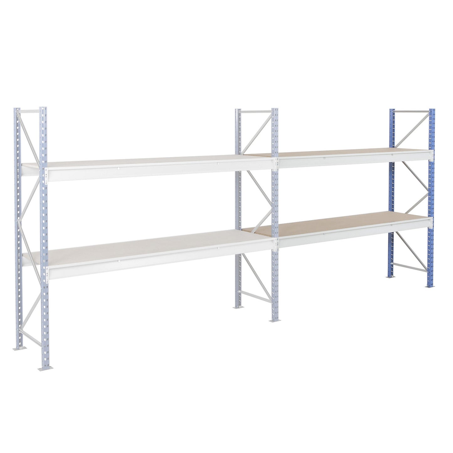 Heavy duty wide span shelving with moulded chipboard shelf panels, frame colour blue, HxWxD 1996 x 2330 x 600 mm, extension shelf unit.