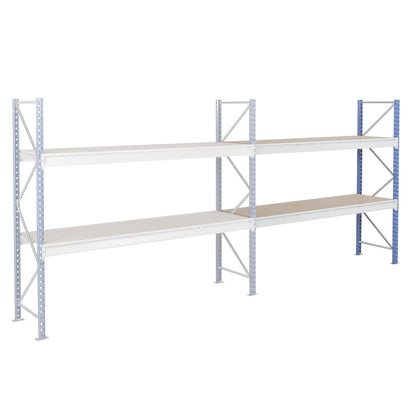 Heavy duty wide span shelving with moulded chipboard shelf panels, frame colour blue, HxWxD 1996 x 2330 x 600 mm, extension shelf unit.