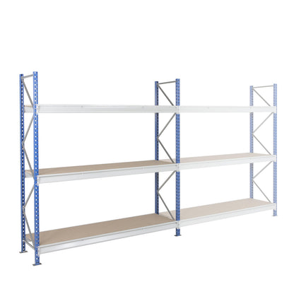 Heavy duty wide span shelving with moulded chipboard shelf panels, frame colour blue, HxWxD 2496 x 2410 x 600 mm, standard shelf unit.