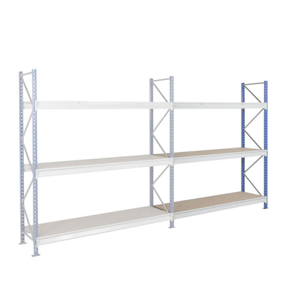 Heavy duty wide span shelving with moulded chipboard shelf panels, frame colour blue, HxWxD 2496 x 2330 x 600 mm, extension shelf unit.