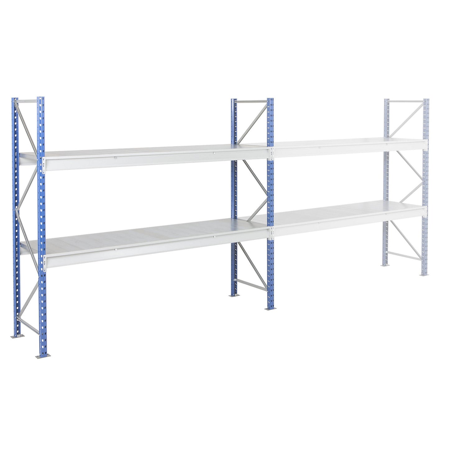 Heavy duty wide span shelving with steel shelf panels, frame colour blue, HxWxD 1996 x 2410 x 600 mm, standard shelf unit.