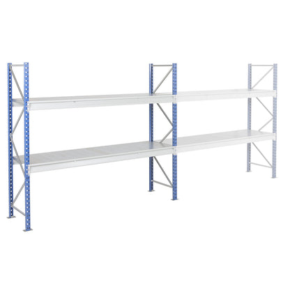 Heavy duty wide span shelving with steel shelf panels, frame colour blue, HxWxD 1996 x 2410 x 600 mm, standard shelf unit.