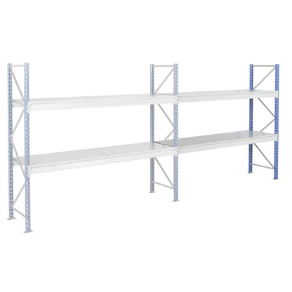 Heavy duty wide span shelving with steel shelf panels, frame colour blue, HxWxD 1996 x 2330 x 600 mm, extension shelf unit.