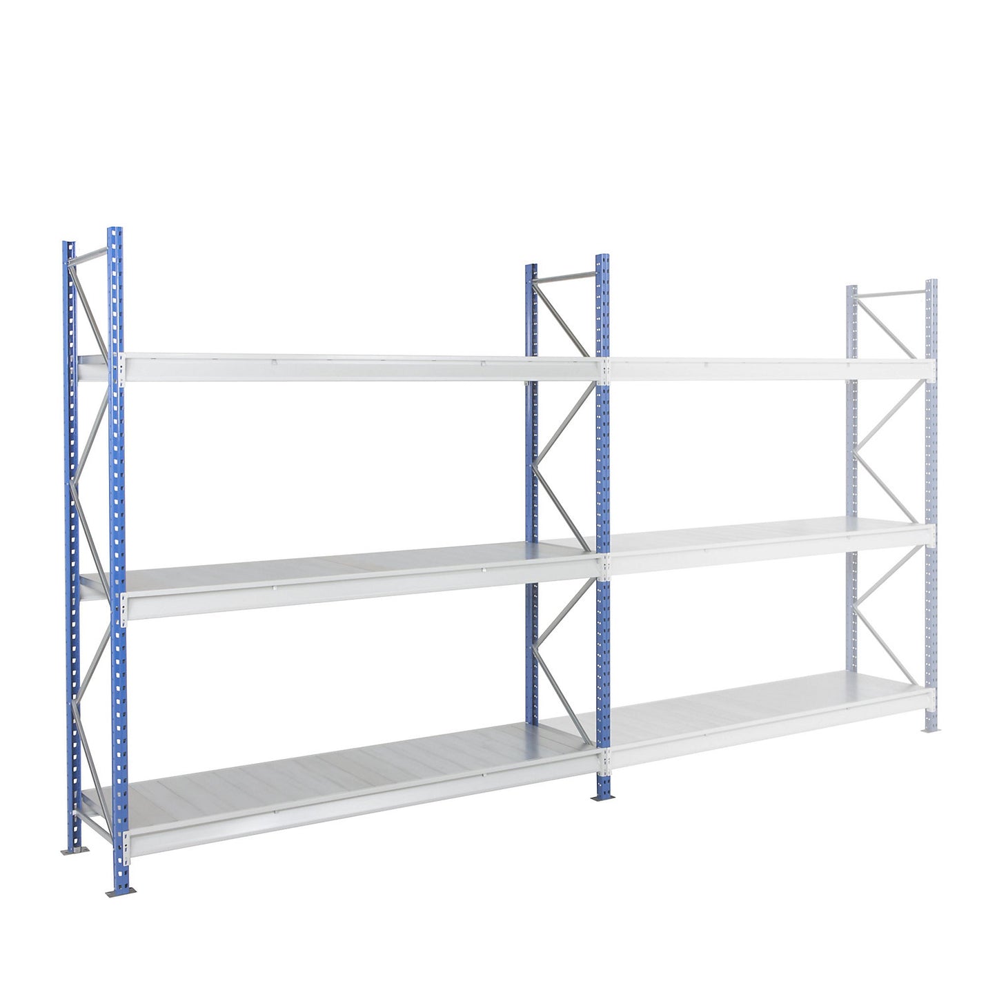Heavy duty wide span shelving with steel shelf panels, frame colour blue, HxWxD 2496 x 2410 x 600 mm, standard shelf unit.