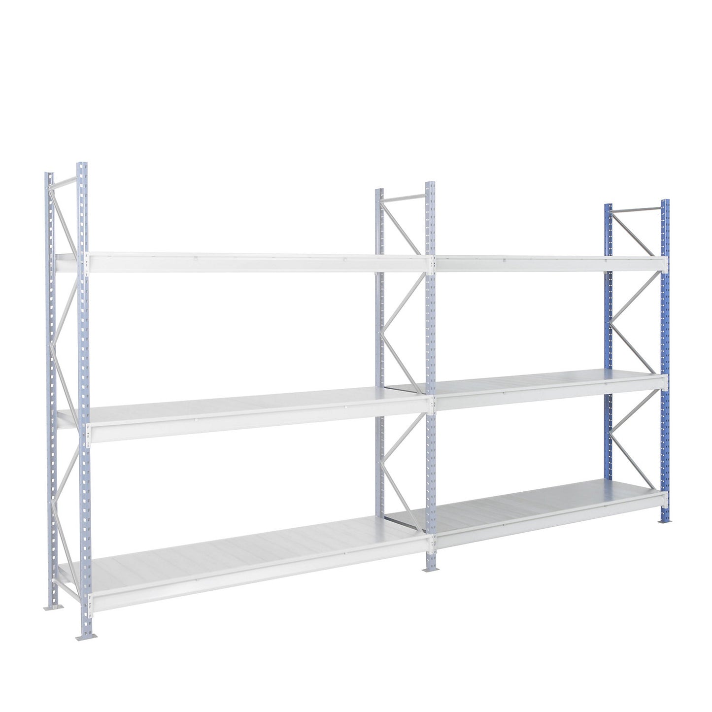Heavy duty wide span shelving with steel shelf panels, frame colour blue, HxWxD 2496 x 2330 x 600 mm, extension shelf unit.