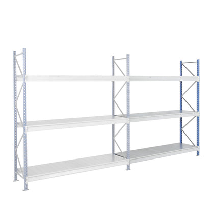 Heavy duty wide span shelving with steel shelf panels, frame colour blue, HxWxD 2496 x 2330 x 600 mm, extension shelf unit.
