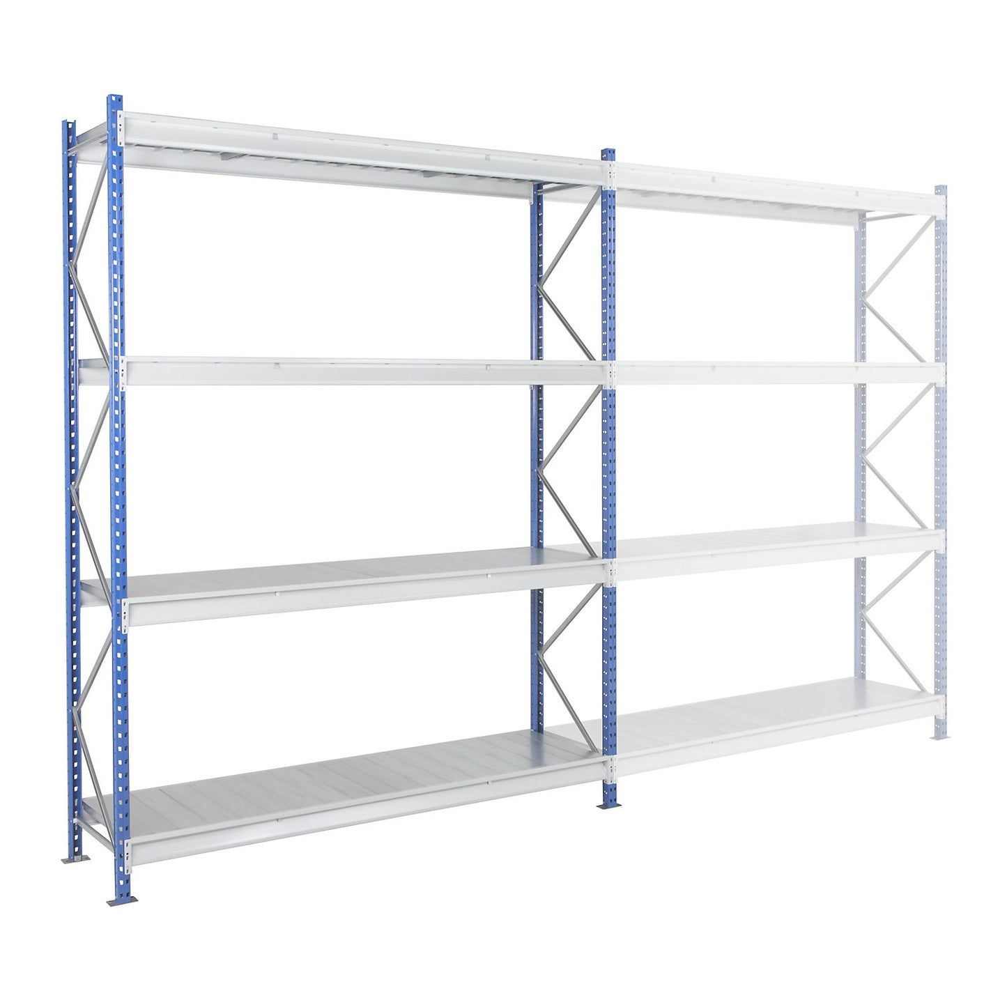 Heavy duty wide span shelving with steel shelf panels, frame colour blue, HxWxD 2996 x 2410 x 600 mm, standard shelf unit.