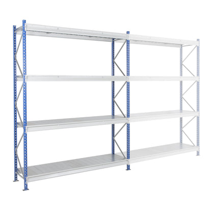 Heavy duty wide span shelving with steel shelf panels, frame colour blue, HxWxD 2996 x 2410 x 600 mm, standard shelf unit.
