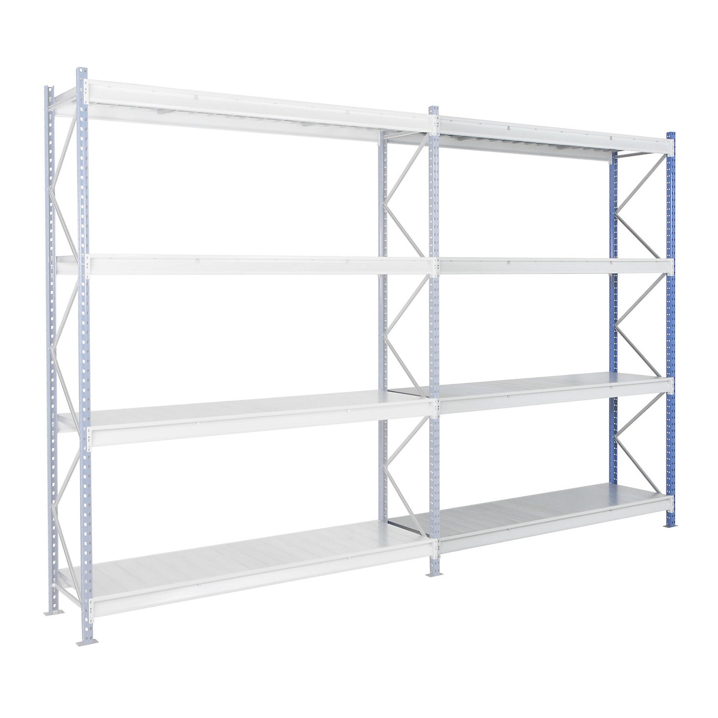 Heavy duty wide span shelving with steel shelf panels, frame colour blue, HxWxD 2996 x 2330 x 600 mm, extension shelf unit.
