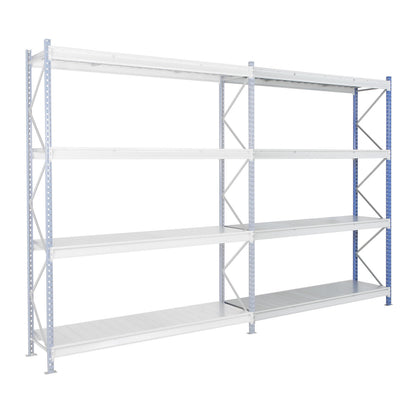 Heavy duty wide span shelving with steel shelf panels, frame colour blue, HxWxD 2996 x 2330 x 600 mm, extension shelf unit.