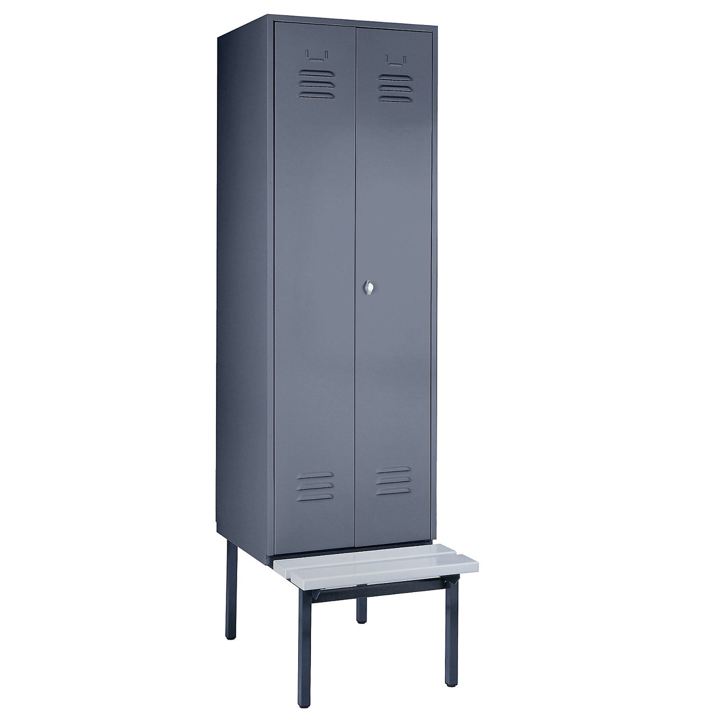 Berlin 2 clean and dirty locker with bench seat, centre divider, 1 compartment, blue grey, W 600 mm, bench fitted below, plastic.
