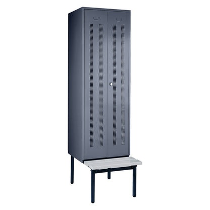 Berlin 1 clean and dirty locker with bench seat, centre divider, 1 compartment, blue grey, W 600 mm, bench fitted below, plastic.