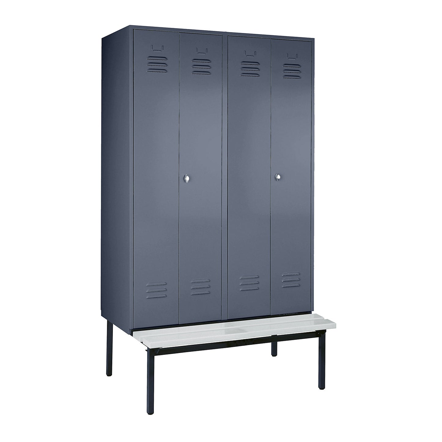 Berlin 2 clean and dirty locker with bench seat, centre divider, 2 compartments, blue grey, W 1200 mm, bench fitted below, plastic.