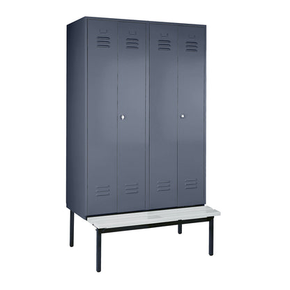 Berlin 2 clean and dirty locker with bench seat, centre divider, 2 compartments, blue grey, W 1200 mm, bench fitted below, plastic.