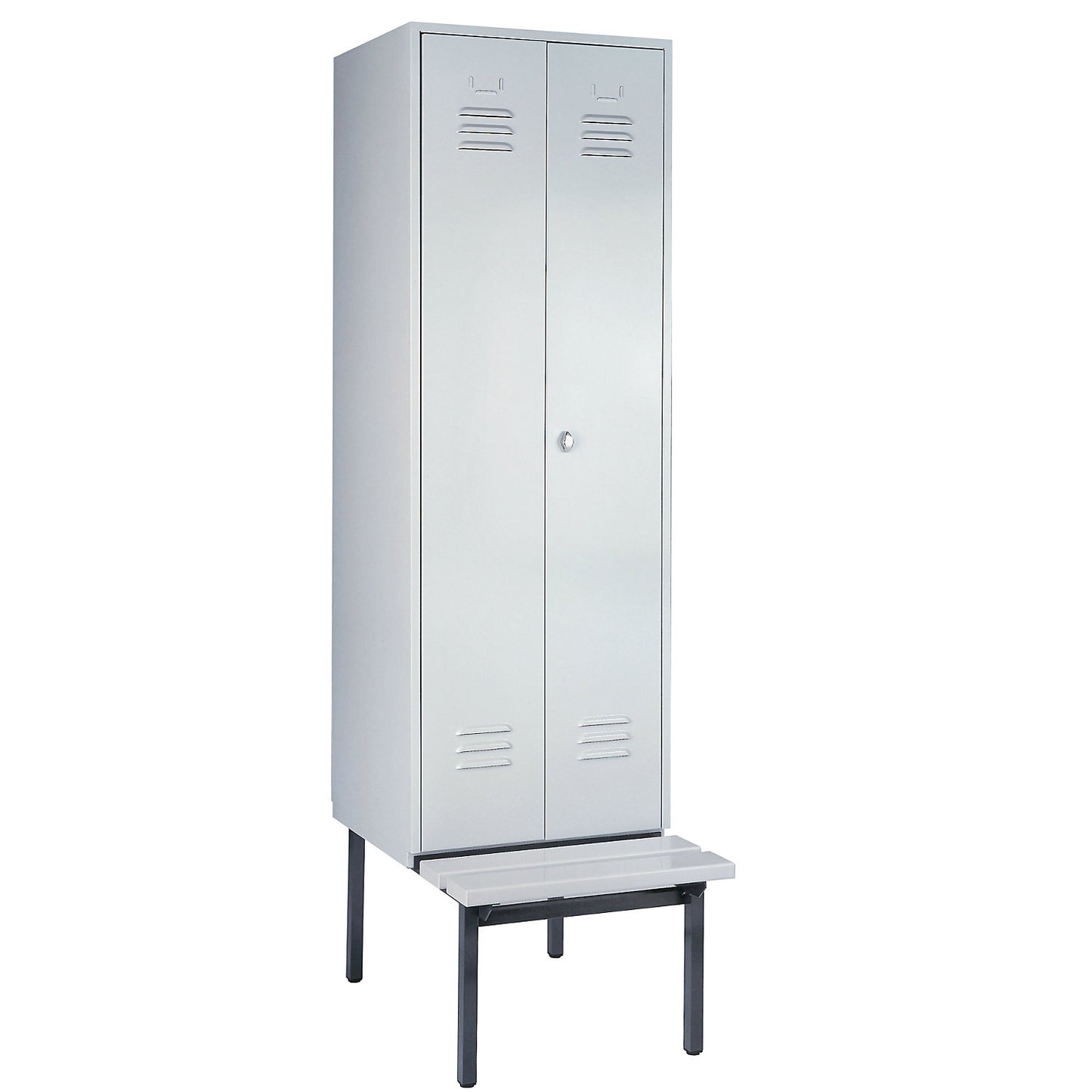 Berlin 2 clean and dirty locker with bench seat, centre divider, 1 compartment, light grey, W 600 mm, bench fitted below, plastic.