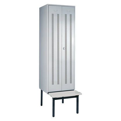 Berlin 1 clean and dirty locker with bench seat, centre divider, 1 compartment, light grey, W 600 mm, bench fitted below, plastic.