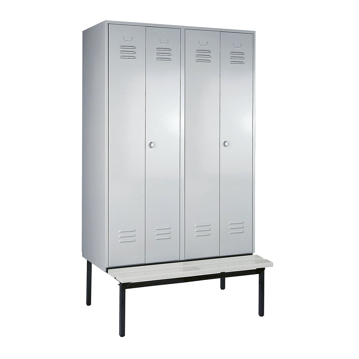 Berlin 2 clean and dirty locker with bench seat, centre divider, 2 compartments, light grey, W 1200 mm, bench fitted below, plastic.