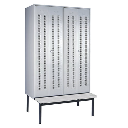 Berlin 1 clean and dirty locker with bench seat, centre divider, 2 compartments, light grey, W 1200 mm, bench fitted below, plastic.