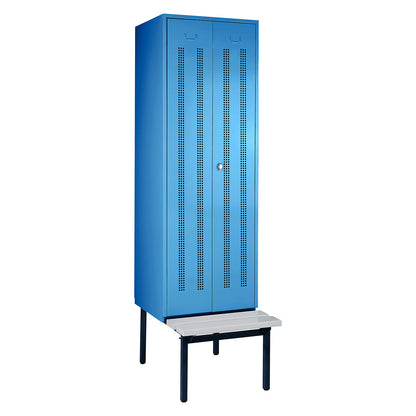Berlin 1 clean and dirty locker with bench seat, centre divider, 1 compartment, light blue, W 600 mm, bench fitted below, plastic.