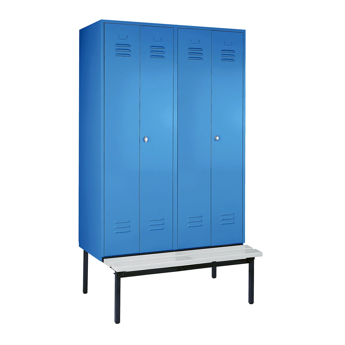 Berlin 2 clean and dirty locker with bench seat, centre divider, 2 compartments, light blue, W 1200 mm, bench fitted below, plastic.
