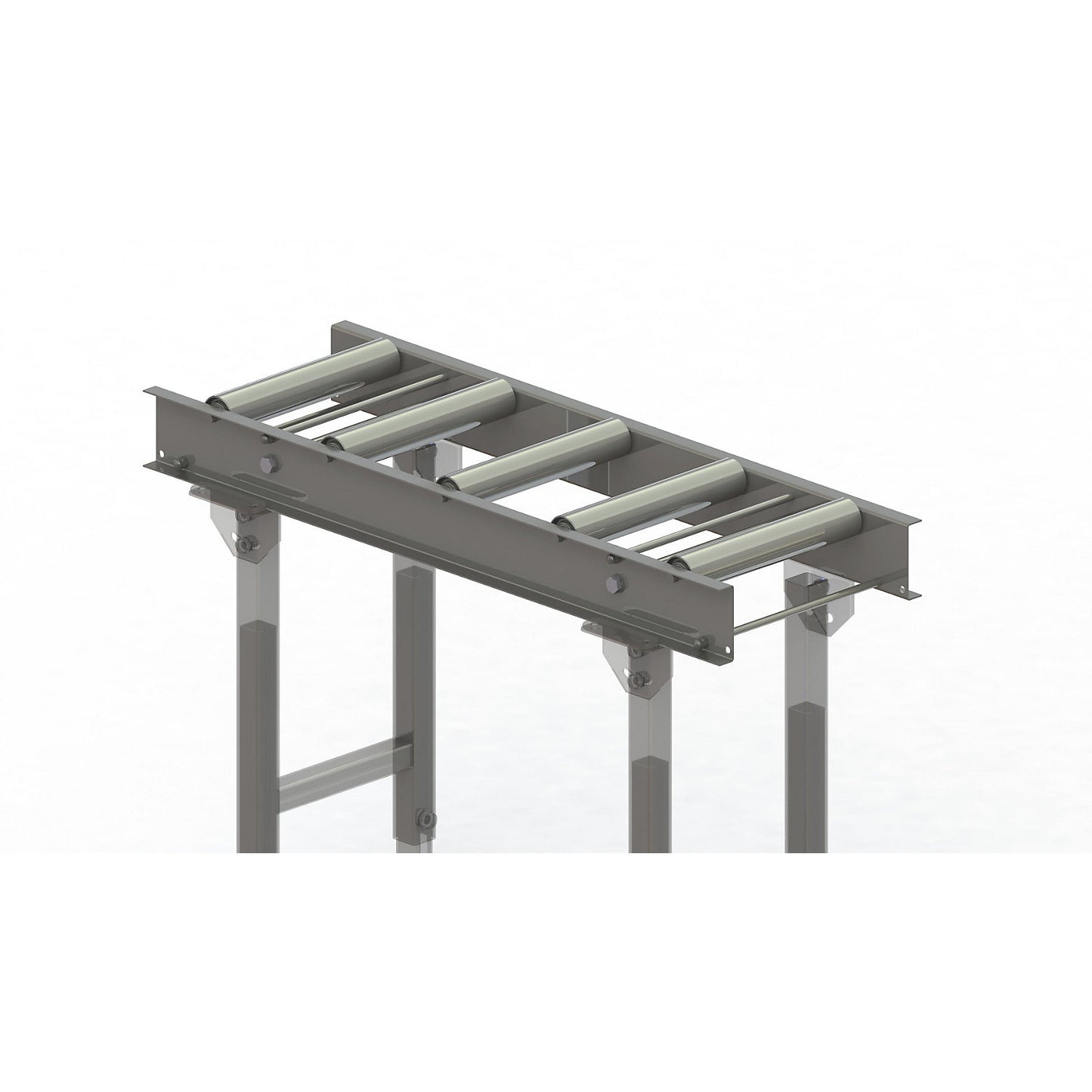 Roller conveyor, steel frame with zinc plated steel rollers, track width 300 mm, distance between axles 200 mm, length 1 m.