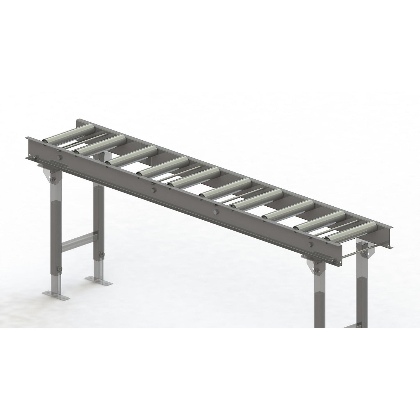 Roller conveyor, steel frame with zinc plated steel rollers, track width 300 mm, distance between axles 200 mm, length 2 m.