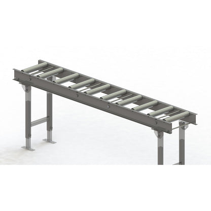 Roller conveyor, steel frame with zinc plated steel rollers, track width 300 mm, distance between axles 200 mm, length 2 m.