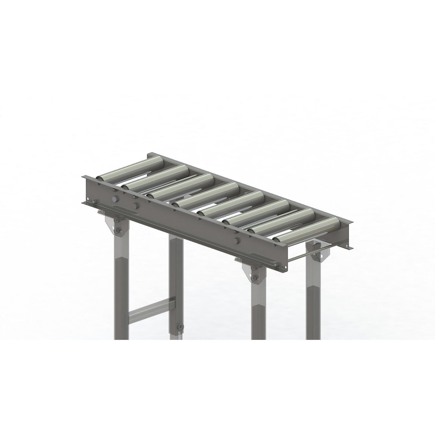 Roller conveyor, steel frame with zinc plated steel rollers, track width 300 mm, distance between axles 125 mm, length 1 m.