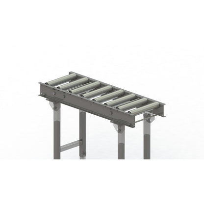Roller conveyor, steel frame with zinc plated steel rollers, track width 300 mm, distance between axles 125 mm, length 1 m.
