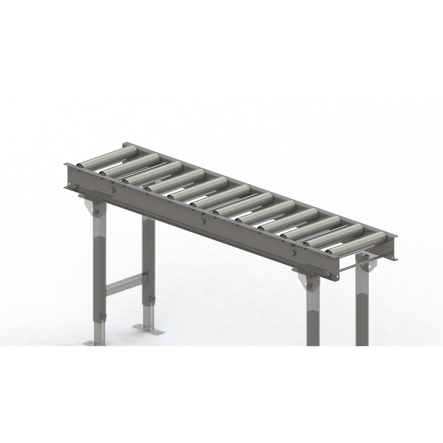 Roller conveyor, steel frame with zinc plated steel rollers, track width 300 mm, distance between axles 125 mm, length 1.5 m.