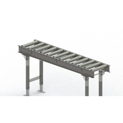 Roller conveyor, steel frame with zinc plated steel rollers, track width 300 mm, distance between axles 125 mm, length 1.5 m.