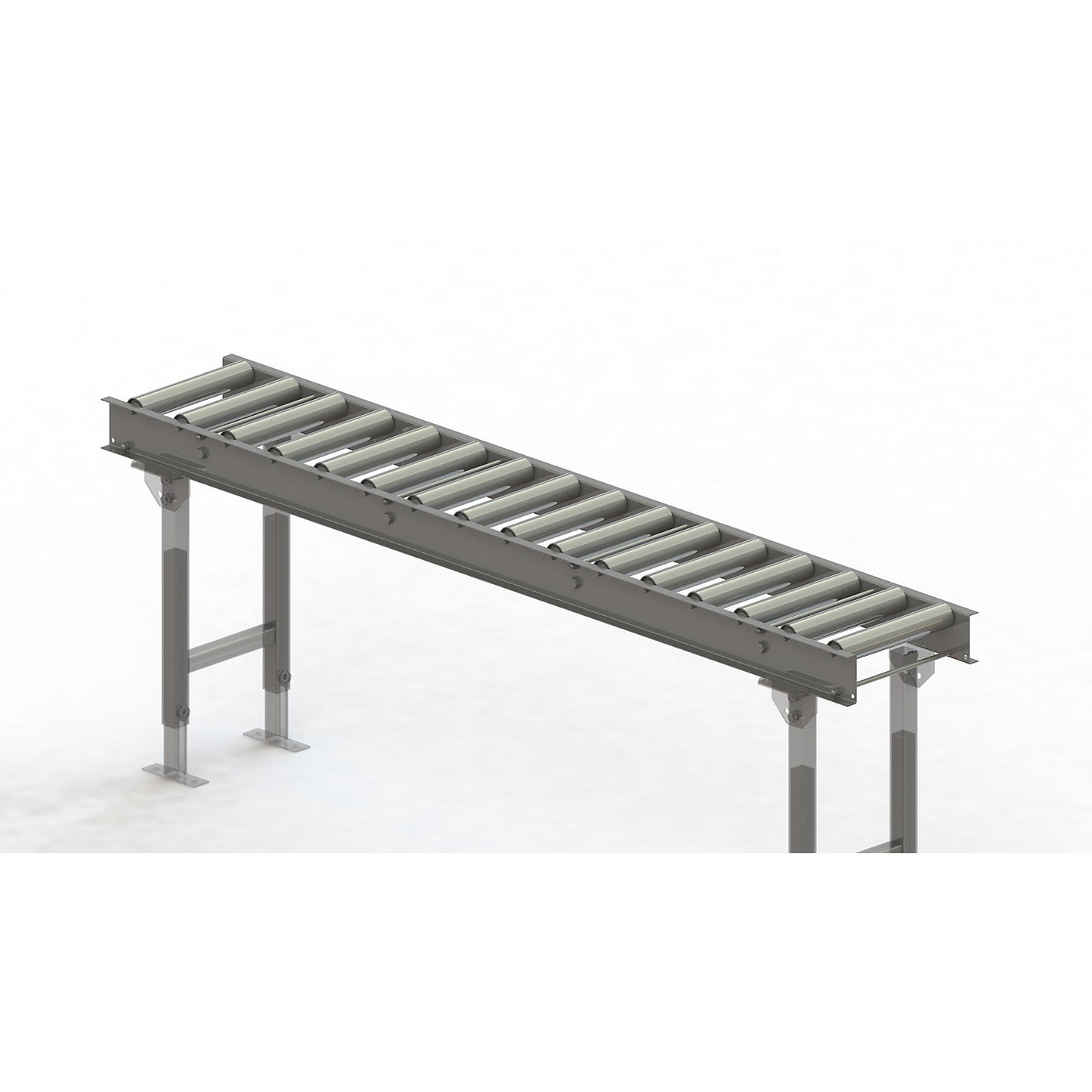 Roller conveyor, steel frame with zinc plated steel rollers, track width 300 mm, distance between axles 125 mm, length 2 m.