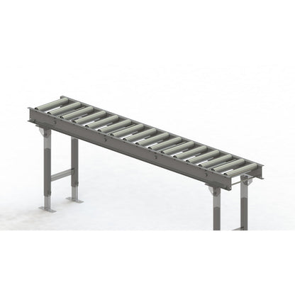 Roller conveyor, steel frame with zinc plated steel rollers, track width 300 mm, distance between axles 125 mm, length 2 m.