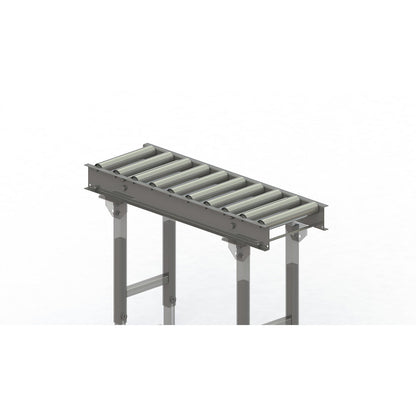 Roller conveyor, steel frame with zinc plated steel rollers, track width 300 mm, distance between axles 100 mm, length 1 m.