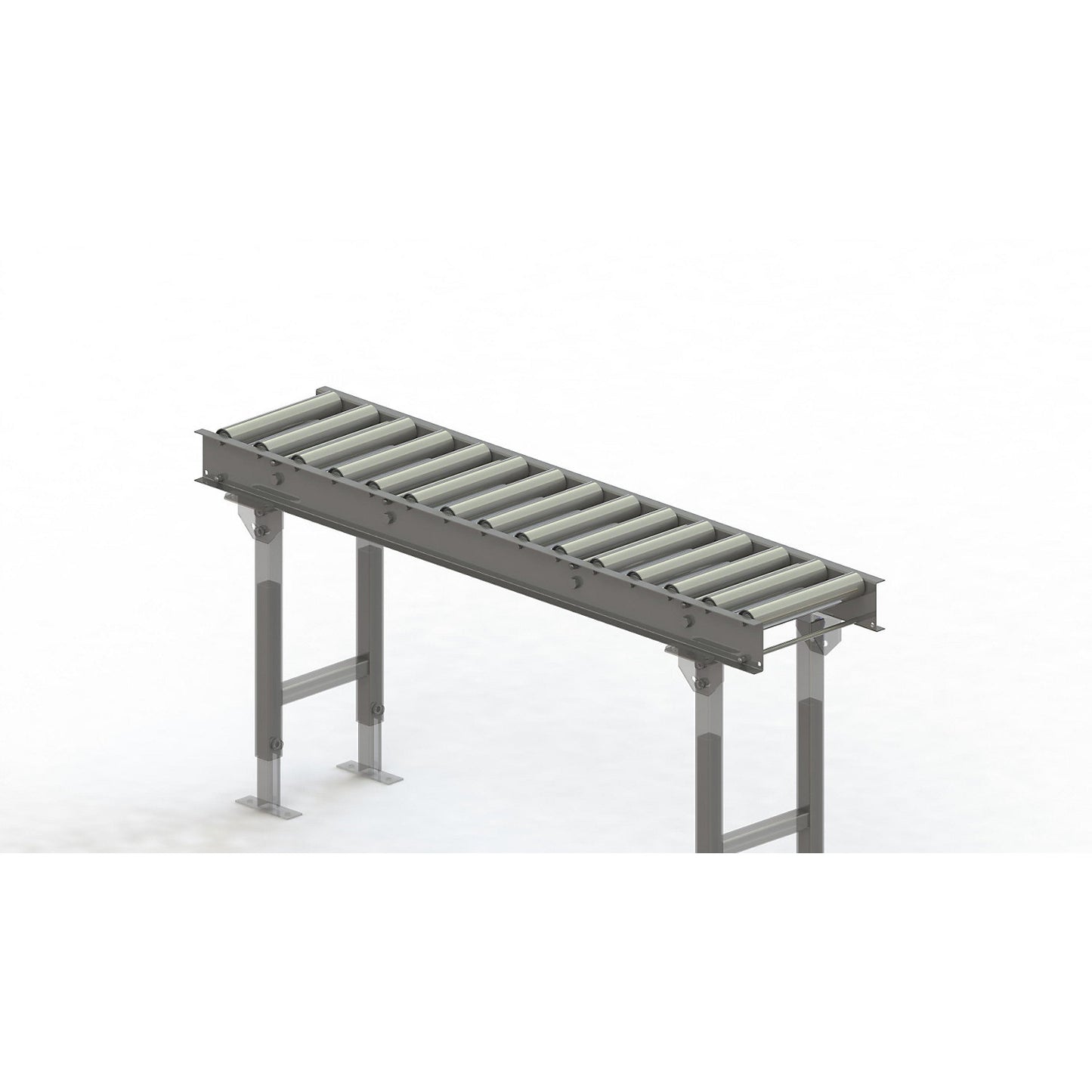 Roller conveyor, steel frame with zinc plated steel rollers, track width 300 mm, distance between axles 100 mm, length 1.5 m.