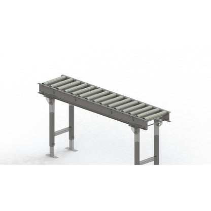 Roller conveyor, steel frame with zinc plated steel rollers, track width 300 mm, distance between axles 100 mm, length 1.5 m.