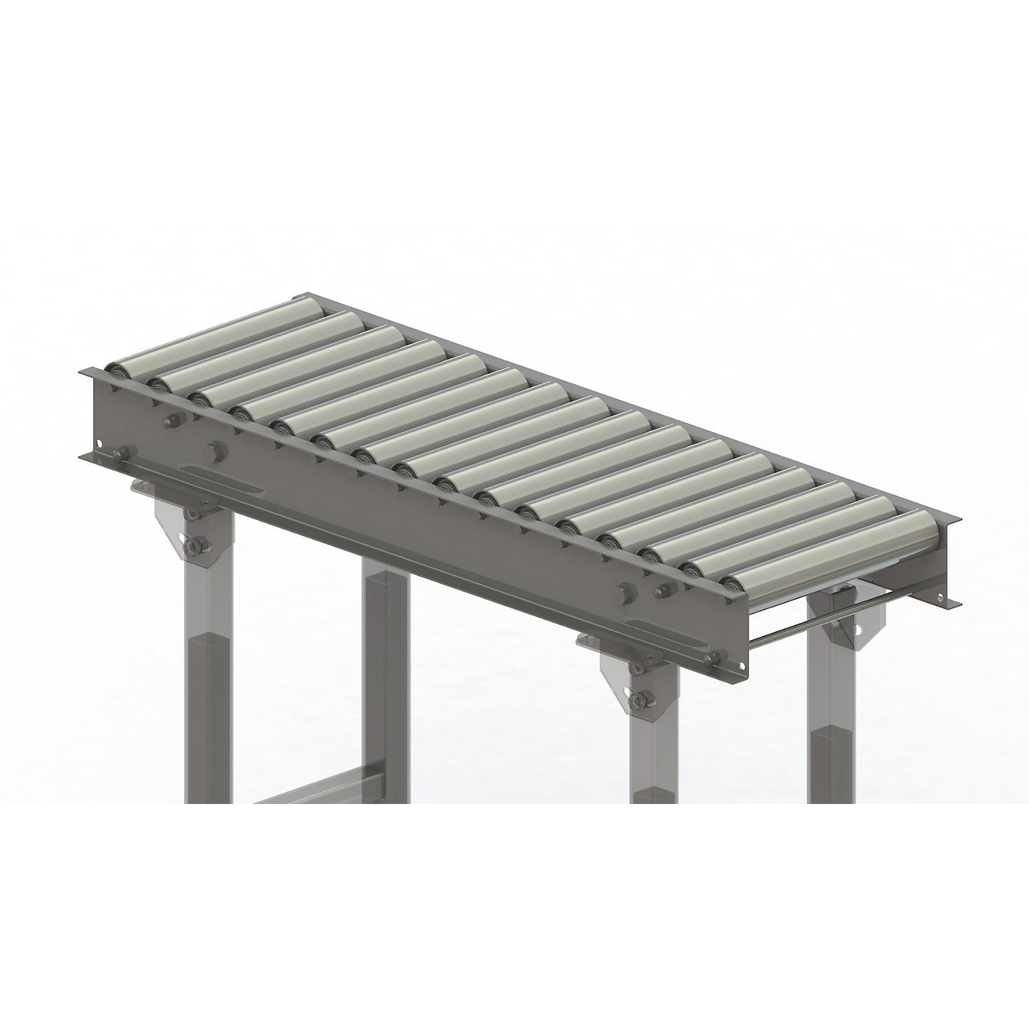 Roller conveyor, steel frame with zinc plated steel rollers, track width 300 mm, distance between axles 62.5 mm, length 1 m.