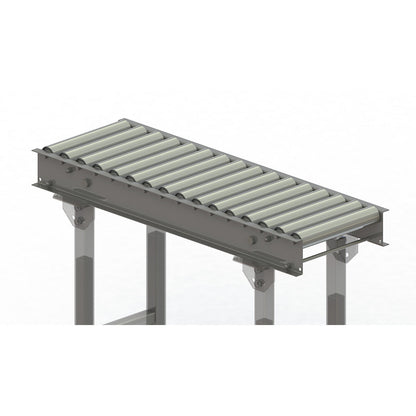 Roller conveyor, steel frame with zinc plated steel rollers, track width 300 mm, distance between axles 62.5 mm, length 1 m.