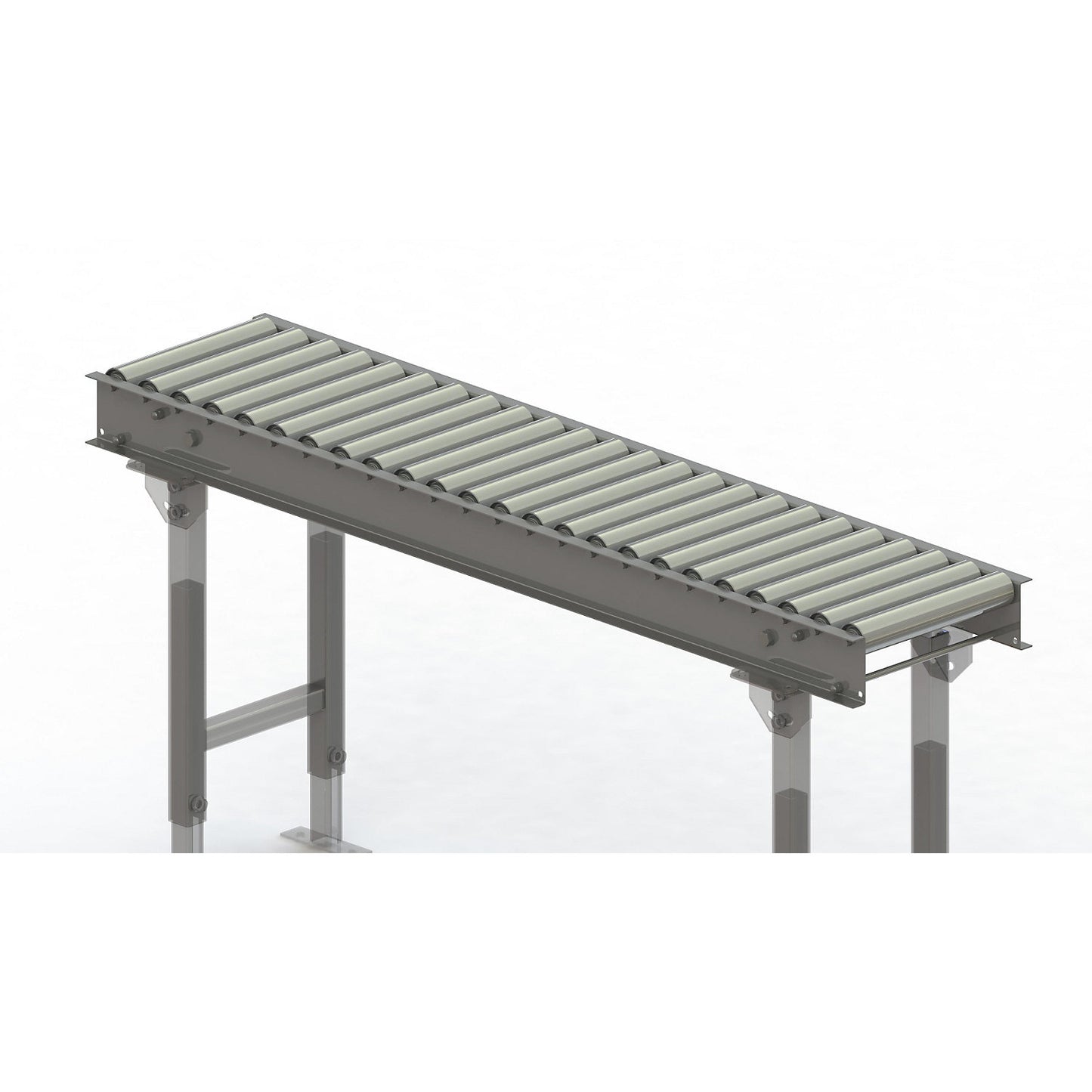 Roller conveyor, steel frame with zinc plated steel rollers, track width 300 mm, distance between axles 62.5 mm, length 1.5 m.