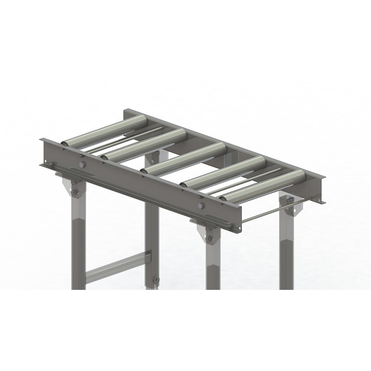 Roller conveyor, steel frame with zinc plated steel rollers, track width 400 mm, distance between axles 200 mm, length 1 m.