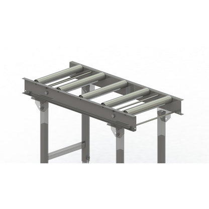 Roller conveyor, steel frame with zinc plated steel rollers, track width 400 mm, distance between axles 200 mm, length 1 m.