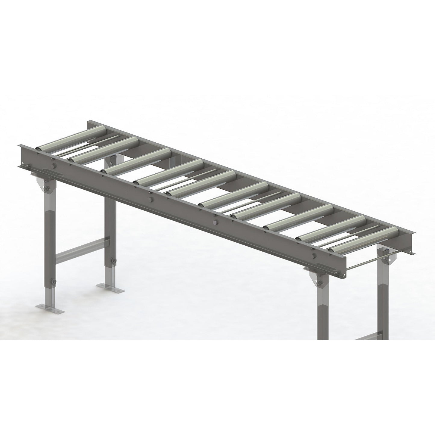 Roller conveyor, steel frame with zinc plated steel rollers, track width 400 mm, distance between axles 200 mm, length 2 m.