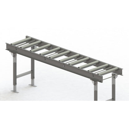 Roller conveyor, steel frame with zinc plated steel rollers, track width 400 mm, distance between axles 200 mm, length 2 m.