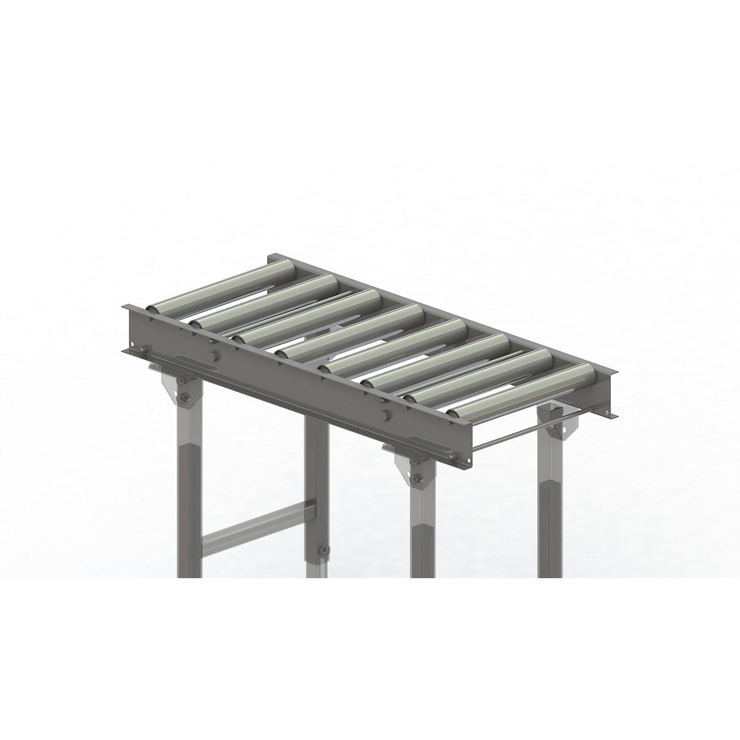 Roller conveyor, steel frame with zinc plated steel rollers, track width 400 mm, distance between axles 125 mm, length 1 m.