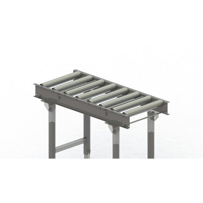 Roller conveyor, steel frame with zinc plated steel rollers, track width 400 mm, distance between axles 125 mm, length 1 m.