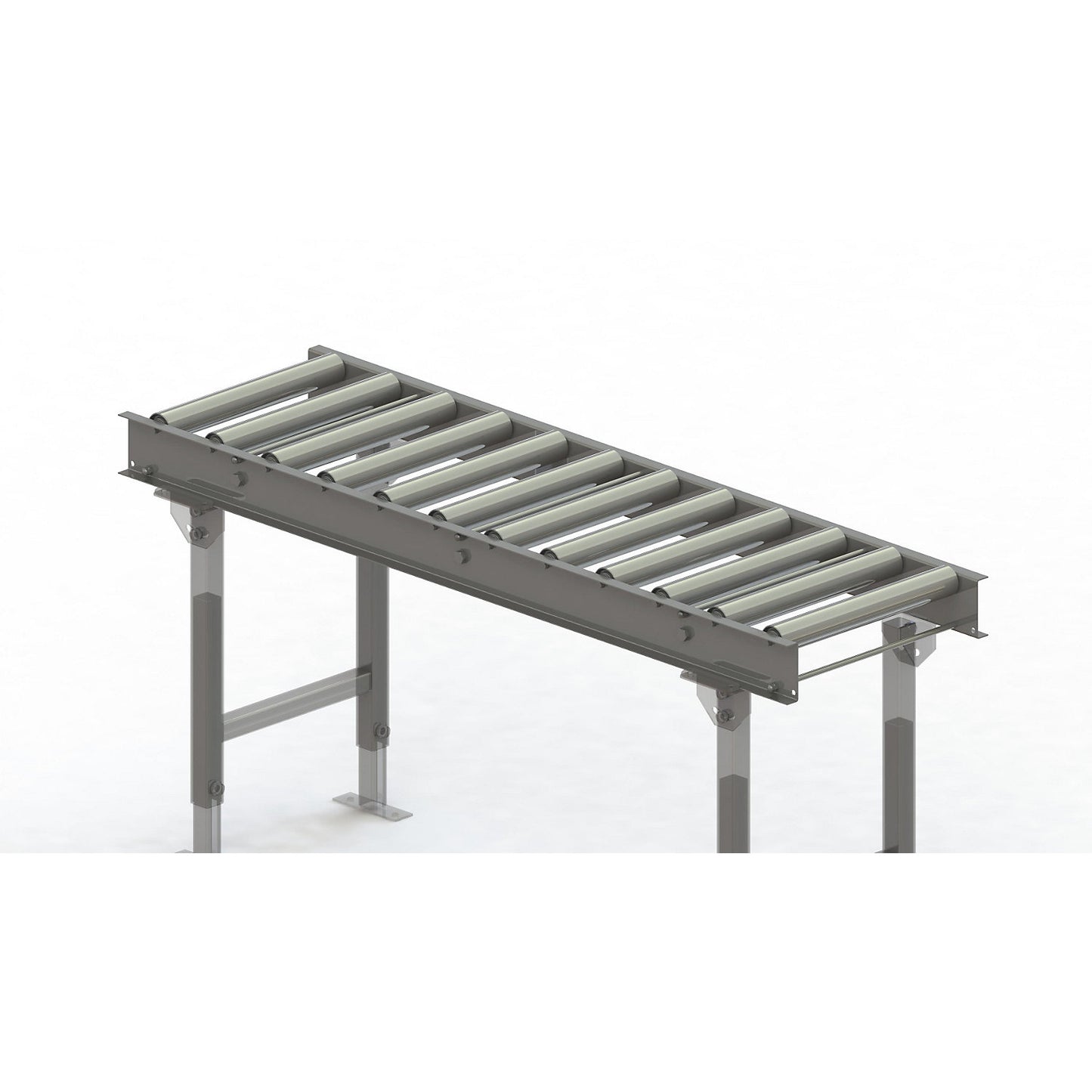 Roller conveyor, steel frame with zinc plated steel rollers, track width 400 mm, distance between axles 125 mm, length 1.5 m.