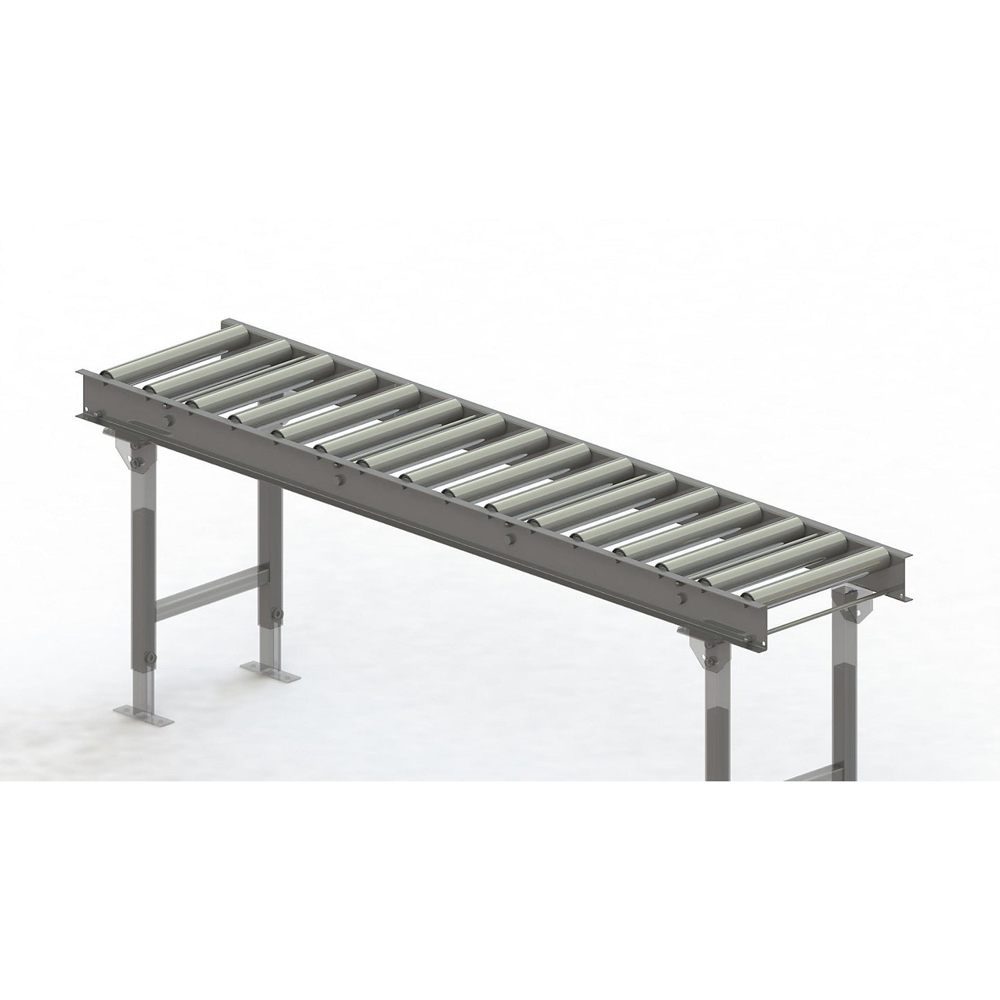 Roller conveyor, steel frame with zinc plated steel rollers, track width 400 mm, distance between axles 125 mm, length 2 m.