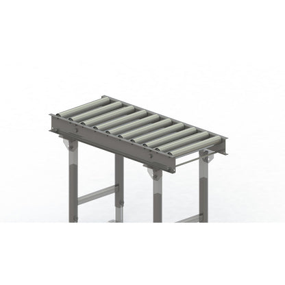 Roller conveyor, steel frame with zinc plated steel rollers, track width 400 mm, distance between axles 100 mm, length 1 m.