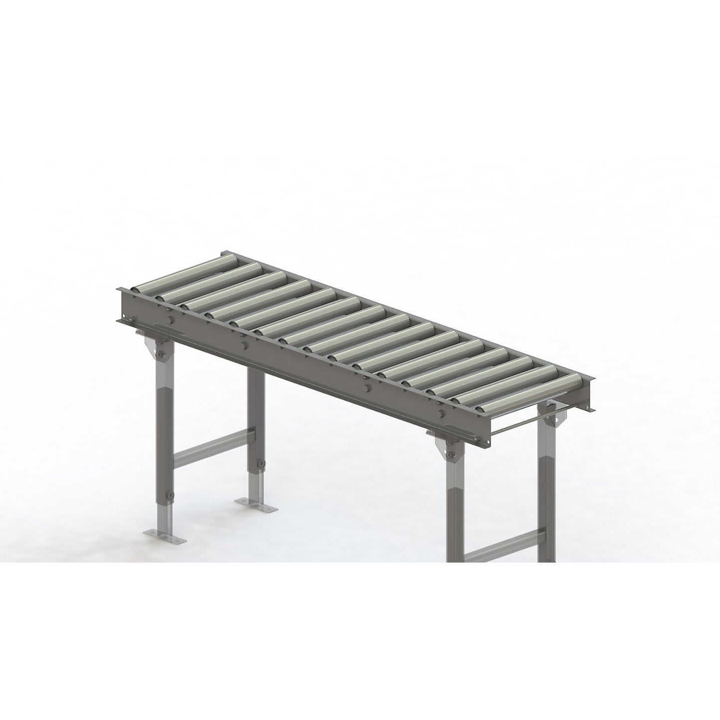 Roller conveyor, steel frame with zinc plated steel rollers, track width 400 mm, distance between axles 100 mm, length 1.5 m.